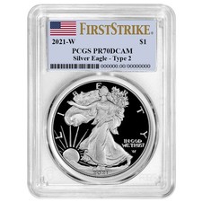 2021-W Proof $1 Type 2 American Silver Eagle PCGS PR70DCAM FS Flag Label picture