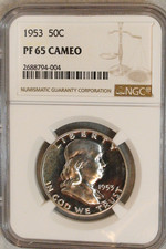1953 NGC PR65 CAMEO LIGHT TONED FRANKLIN HALF NICE SUPERB PROOF SILVER 50C Coin picture