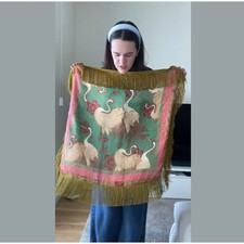 Women's Floral Crane Print Square Scarf Silky Satin Tassel Fringe Shawl Wrap picture