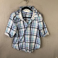 KMJ Shirt Womens M Blue Plaid Ruffle Collar 3/4 Sleeve Button Front Casual picture