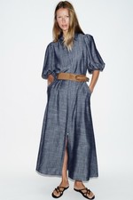 NTW S ZARA Linen Blend BELTED MIDI DRESS INDIGO lapel collar balloon sleeves picture