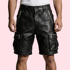 Men's Black Genuine Lambskin leather Shorts | Multiple Cargo Pockets | Handmade picture