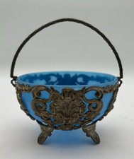 Antique Blue Opaline Glass Art Nouveau Basket with Serpent Fish Metal Casing picture