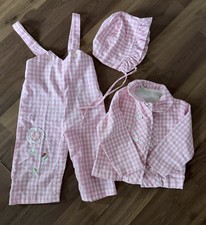Vintage Tiny Tots Baby Girl 3 pc Set Pink Overalls Bonnet Jacket 3mo picture