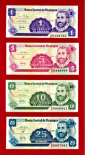 RARE 1991 LOTUS SET of 1, 5, 10 & 25 Centavos De Cordoba NICARAGUA UNC BANKNOTES picture