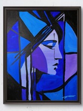 Original 14x11 Abstract Blue Cubist Female Portrait Painting Signed Canvas picture