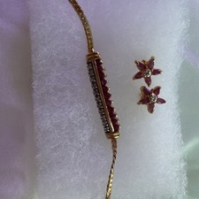 18K Yellow Gold Over Solid Sterling Silver Diamond & Ruby Bracelet & Earrings picture