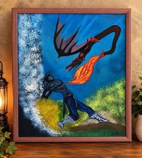 1977 Original Signed Dragon Fantasy Painting Fire Breathing Framed Art picture