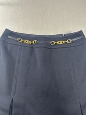 Vintage CELINE Nay Blue Pleated Midi Skirt with Horsebit Chain Detail. FR38 US6 picture