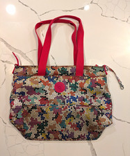 Kipling Multicolor Mosaic Zip Tote, Pink Double Handles, Charm, Silver HW picture