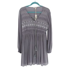 Mystree Embroidered Peasant Blouse Womens S Gray Boho Flowy Festival Hippie NWT picture
