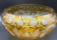 Antique Bohemian Amber Glass Cut To Clear Centerpiece Bowl Deer Birds Czech picture