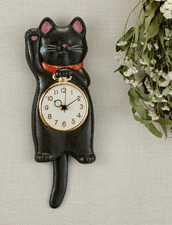 Japanese Black Lucky Cat  Manekineko Wall Pendulum Clock Pottery Seto ware Gift picture