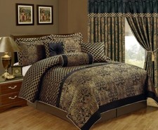 Chezmoi Collection Lisbon 7-Piece Black/Gold Jacquard Floral Comforter Set picture