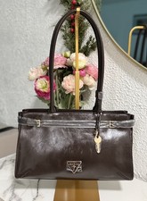  GUESS Patent Shoulder Bag in Chocolate Brown Belted Satchel Handbag Lock & Key  picture