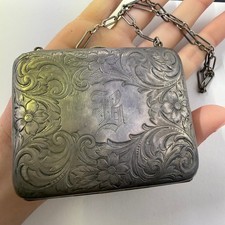 Antique Victorian Signed Sterling Silver Repousse Chatelaine Purse Dance Card picture