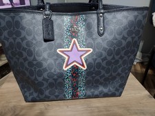 Coach Reversible City Tote Canvas Floral Patchwork Star Signature Navy Dark Blue picture