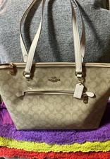 Coach Gallery Natural SIG Coated Canvas Bone Leather Trim Zip Tote & Shopper picture