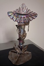 RARE LE Fenton Amethyst Purple Glass Tulip Vase With Metal Vine Stand Gorgeous picture