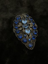 Antique Art Deco Large Dress Clip 1920s 1930s Sapphire Blue Czech Glass Filigree picture