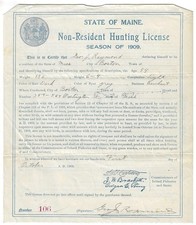 Rare 1909 Maine Non-Resident Paper Hunting License ME Antique Season Vintage picture