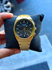 Citizen Eco-Drive Chronograph Sapphire Crystal Black Dial Gold Tone 41mm Box picture
