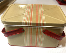 Vintage Tin Picnic Basket Child’s Lunch Tin Stripes 40’s 50’s Primitive Decor picture