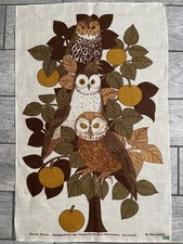 Vtg Pat Albeck Three Owls Bird Sanctuary Irish Linen Tea Towel / NOS Sticker picture