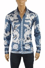 Versace Men’s Baroque Greek Key Print Shirt – Blue, Black & Silver, Size Medium picture