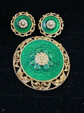 Vintage Signed Florenza Green Enamel  Brooch & Matching Clip On Earrings picture