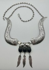 RARE Vintage Navajo Black Onyx & 925 Sterling Silver Feather Statement Necklace picture