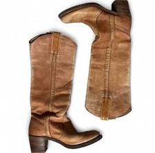 Frye Women’s Brown Leather Knee-High Riding Boots Round Toe Pull-On Tab picture