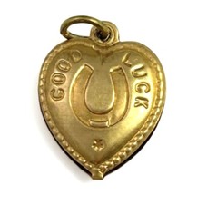 Vintage Good Luck Charm Puffy Heart Pendant Horseshoe Vintage Jewelry Brass picture