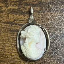 Cameo Pendant Carved Shell Silver Plated Setting Female Profile Antique picture