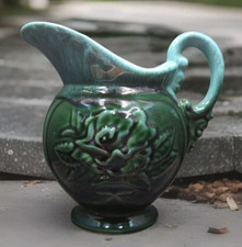 Vintage Hull #A50 Pottery Pitcher USA Blue Green Drip Glaze Embossed Rose  picture
