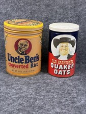 Vintage 1980s Advertising Tin Lot Uncle Ben’s Rice 1985 Quaker Oats 1982 Decor picture