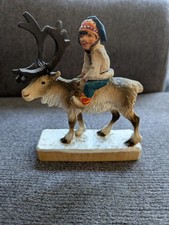 Vintage Henning Carved Sami Rider on a Reindeer Wood Sculpture Figure Norway picture