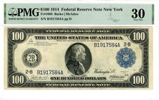 1914 $100 Federal Reserve Note New York Fr#1088 30 PMG 2447573-033 picture
