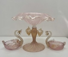 Vintage Original MURANO Art Glass SALVIATI Pink Aventurine Centrepiece Swan Set picture
