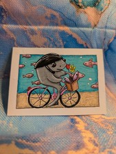Cycling Shark ACEO ATC Original Art Card Hand Painted  picture