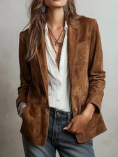 Women's Brown Suede Leather Blazer Jacket Real Suede Smart Casual Office Coat picture