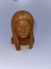 Women’s Wood Carved Head Artist Signed 4.25” picture