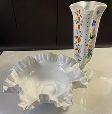 Vintage Fenton Milk Glass Ruffled Bowl & Hand Painted Floral Vase Set -Excellent picture