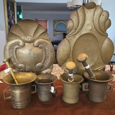 ANTIQUE HEAVY BRASS Lot -  MORTARS (4) PESTLES (3) and Brass Wall Plaques picture