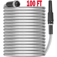 100FT Stainless Steel Metal Garden Water Hose Flexible Heavy Duty Pipe w/ Nozzle picture