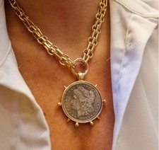 17” CHAIN LENGTH ‘ Gold Coin Medallion Necklace: Vintage , Gold-Plated Chain. picture