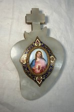 Rare antique 1800's French jade bronze enamel champleve mini Jesus painting art picture