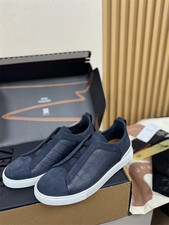 New Blue Pebble Zegna Triple Stitch Leather Slip Men's Casual picture