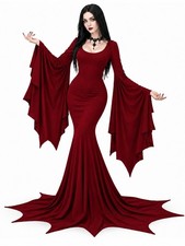 YEAXLUD Womens Morticia Addams Halloween Costume Gothic Long Bat Sleeve Witch picture