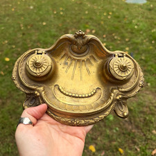 French Art Nouveau Brass Double Inkwell Desk Set picture